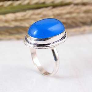SHYAM JEWELRS Handmade Oval Blue Chalcedony <b>Statement</b> <b>Ring</b> 925 Sterling Silver Bezel Set Natural Gemstone Boho Jewelry Unisex - Product Image 4