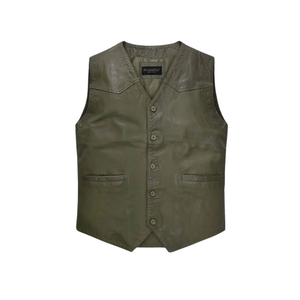 Gilet en cuir véritable vert olive à col en V pour homme Leathercult, à simple boutonnage - Product Image 3