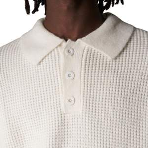 <b>Men</b> Waffle Knit <b>Long</b> <b>Sleeve</b> Polo Sweater <b>White</b> Casual Button Collar Pullover Top Soft Cotton Blend OEM Custom Menswear - Product Image 3