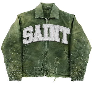 Custom Designer Vintage Oversized <b>Denim</b> Jacket Chenille Letter Patch Distressed Rhinestone Zip Up Streetwear Winter Jean <b>Coat</b> - Product Image 1