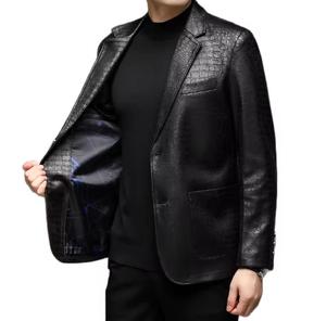<b>Men's</b> Black PU Leather Motorcycle <b>Jacket</b> Stand Collar Single Button Embossed Pattern Slim Fit <b>Smart</b> Casual Winter Waterproof - Product Image 3