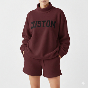 Hot Selling Women Two Piece Mock Neck and Shorts <b>Set</b> Cotton Fleece Material Breathable Streetwear Loose Fit Eco-Friendly - Product Image 4