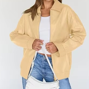 Women's Beige Bomber Jacket Full Sleeve Turn-down Collar Zipper Closure Autumn Style Solid Color Woven Polyester - Product Image 3