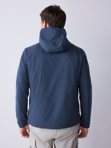 Men's Blue <b>Hooded</b> <b>Fleece</b> <b>Jacket</b> Windproof Zipper Closure Casual Autumn Wear Regular Fit Solid Color Polyester Material - Product Image 2