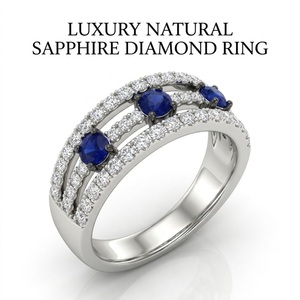 Anillo de Diamantes de Tres Hileras en Oro Blanco de 18K con Zafiro Azul Real, Engaste Pavé, Joyería Fina Personalizada de Primera Calidad, Suministro de Fábrica, MOQ 1 ud. - Product Image 2