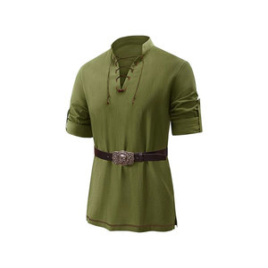 Chemise médiévale verte pour homme, manches courtes, col montant, laçage frontal, coupe droite, décontractée, en coton tissé, longueur longue, couleur unie - Product Image 1