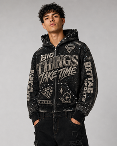 Sweat à capuche zippé en molleton épais avec strass et délavage acide, imprimé graphique, style punk streetwear Y2K pour homme - Product Image 4