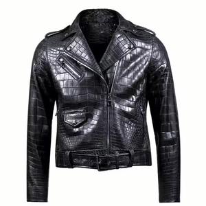Veste d'hiver en cuir véritable gaufré croco de qualité supérieure pour homme, noire élégante, style motard, avec ceinture à la taille, fermetures éclair argentées, respirante, vintage - Product Image 1
