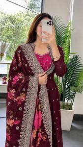 Burgundy Solid Embroidered Anarkali Salwar Kameez Set Traditional Women Outfit Faux Georgette for Wedding Party <b>Festive</b> Wear - Product Image 2