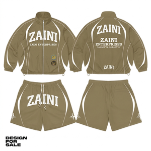 ชุดเซ็ตเสื้อแจ็คเก็ตกันลมมีฮู้ดปักลายลำลองสำหรับฤดูหนาว ผ้าโพลีเอสเตอร์ทาสลันพรีเมียม 280 GSM สีกากี แต่งสีขาว พร้อมปักโลโก้ตามสั่ง สำหรับชุดกีฬา - Product Image 1