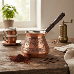 Cafetera Turca Otomana de Cobre Grabado, Estilo Vintage, Cezve, Ibrik Árabe, Briki Griega, Calentador de Leche para Estufa, Mango Largo de Madera, Personalizado - Product Image 4