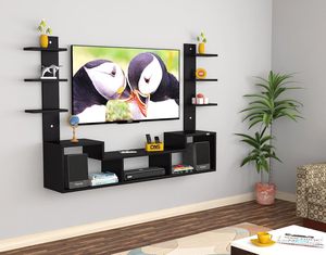 Mueble de TV de Madera Sintética para Montar en la Pared, Soporte para TV con Estantes para Sala de Estar, Acabado Negro - Product Image 1
