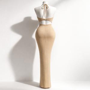 Robe longue d'été OEM pour femme enceinte, sans bretelles, en maille côtelée Spandex/Coton 180g, coupe fourreau épaules dénudées, fente haute, sexy et ajustée - Product Image 3