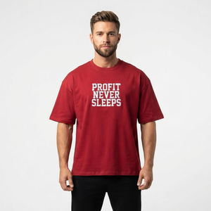Camiseta de algodón roja de manga corta para hombre con estampado de letras, cuello redondo, corte regular, informal, básica, cuello redondo, cuello en V - Product Image 1