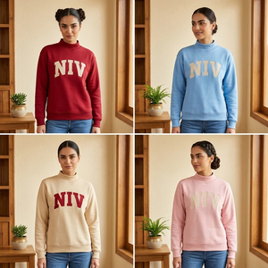 Women's Cream <b>Turtleneck</b> Sweatshirt Embroidered NIV Letter Wholesale Custom Embroidered <b>Mock</b> Neck Pullover For Collegiate Campus - Product Image 5