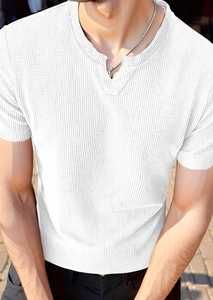 <b>Men's</b> White 100% Cotton Waffle Knit Short Sleeve T-Shirt ODM Casual Solid Cut Out <b>Neck</b> <b>Top</b> - Product Image 1