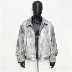 PIHA SPORTS Men's Varsity <b>Jacket</b> Green Color Block Stand Collar Casual Genuine <b>Leather</b> Outerwear <b>Winter</b> Regular Fit Biker Front - Product Image 2