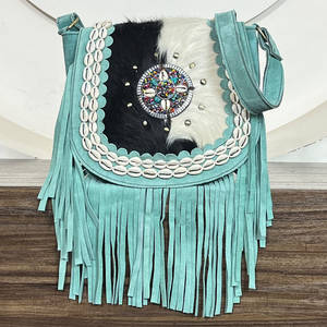 Sac bandoulière artisanal en cuir de vachette véritable 2026 avec franges, style western bohème, pour femme, avec rabat perlé et pompons - Product Image 4