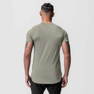 T-shirt pour homme à manches raglan vert olive, col rond, coupe ajustée, séchage rapide, sportif, tricoté, manches courtes, couleur unie, longueur standard - Product Image 3