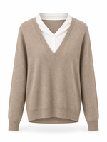 Pull en tricot pour femme, style coréen, effet deux pièces, couleur unie, col en V, collection automne/hiver, style preppy, polyvalent, minimaliste, pour le travail