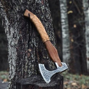 Bearded Viking Tomahawk <b>Axe</b> Hand Forged Carbon Steel Wooden <b>Handle</b> Outdoor Hunting Survival OEM ODM Custom Wholesale Low MOQs - Product Image 1
