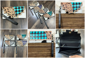Nouveauté : Pochette à main pour femme en cuir de vachette véritable, style western, à motifs à carreaux, avec porte-cartes et dragonne - Product Image 3