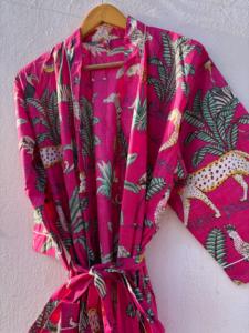 Bata de Baño Kimono de Lujo Unisex 100% Algodón con Estampado Floral, Cuello en V, Cierre con Cordón, Transpirable, Color Rosa, para Mujer, para la Playa - Product Image 5