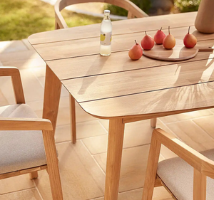 ชุดโต๊ะรับประทานอาหารกลางแจ้งไม้สักแท้ทันสมัย 6 ที่นั่ง พร้อมเก้าอี้มีที่วางแขนและเบาะรองนั่ง เฟอร์นิเจอร์รับประทานอาหารในสวนแบบมินิมอล - Product Image 4