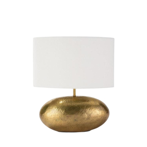 Lámpara de Mesa de Latón Forjado a Mano con Acabado Dorado, Luz de Escritorio Esférica con Base de Lino Blanco, Lámpara de Decoración Moderna para el Hogar - Product Image 1
