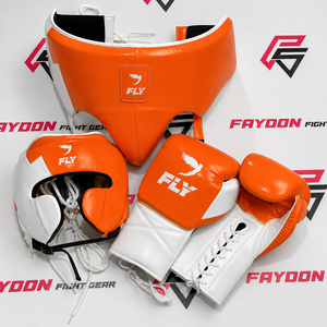 ชุดนวมชกมวยหนังแท้สีส้มขาวคุณภาพสูง สำหรับฝึกซ้อมและแข่งขัน มวยไทย MMA - Product Image 1