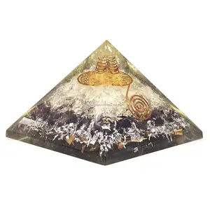 金字塔2层天然宝石水晶石英和紫水晶与花符号