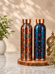 Bouteille d'eau de luxe en cuivre pur avec impression florale japonaise UV |   Bouteille réutilisable anti-fuite |   Vaisselle en cuivre de qualité supérieure à motifs floraux - Product Image 6