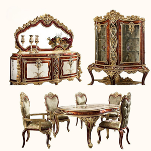 Ensemble de table à manger en acajou antique traditionnel, sculpté à la main, 6 chaises à dossier plein, meubles durables de style baroque, pour usage domestique - Product Image 6