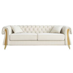 Divano Chesterfield Moderno 89 W in Velluto Beige Trapuntato per Soggiorno con Due Cuscini e Due Cuscini Decorativi - Product Image 2