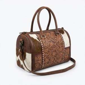 2026 Best Seller <b>Hand</b> Tooled Floral Carved With Brown & White Color Hair Fur 100% Genuine Leather Women's <b>Mini</b> Speedy Duffle Bag - Product Image 2