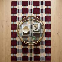 Tapis moderne classique bordeaux à motif floral en laine, noué à la main, à poils plats, épaisseur moyenne, durable, motif quadrillé, pour salon
