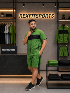 REXFIT SPORTS 2026 Customized <b>Men</b>’s Forest <b>Green</b> Nylon <b>Short</b> Sleeve Tracksuit Set Full Zip Jacket and <b>Shorts</b> Custom Sportswear - Product Image 2