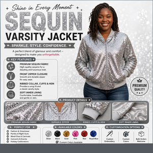 Cosh International Custom Logo Sorority Sisterhood Silver <b>Sequined</b> Bomber <b>Jacket</b> Full Sleeve Zipper Closure Turn-down Collar - Product Image 6