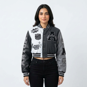 Chaqueta Letterman de Béisbol Personalizada al por Mayor para Mujer, Manga Larga, Algodón, Poliéster, Bordado, Piel de Oveja, Último Diseño, Lisa - Product Image 1