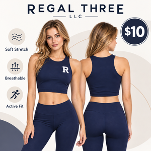 <b>Women</b> <b>Navy</b> Crew Neck Sleeveless Lightweight Yoga Crop <b>Top</b> Letter Logo Print Breathable Quick Dry Four-Way Stretch Gym Workout - Product Image 1