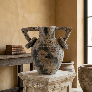 Apuntar Rustic Distressed Charcoal Grey <b>Ceramic</b> Amphora <b>Vase</b> Handcrafted Earthenware Ring Handle Jar Decorative Tabletop <b>Vase</b> - Product Image 3