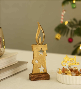 Metal <b>Christmas</b> Candle Decor With Star Cutouts On Wooden Base Traditional Holiday Ornament <b>Christmas</b> decor home decor - Product Image 1