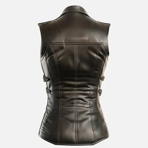 Chaleco de Cuero Puro sin Cuello para Mujer, Estilo Vintage, Transpirable, Cuello en V, Botones en la Parte Delantera, Hebilla en la Parte Trasera, Corte Ajustado - Product Image 2