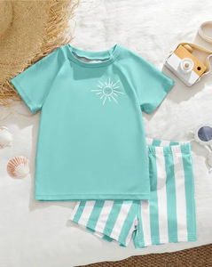 Boys Mint Green Sun Logo T-Shirt and Striped Shorts Set Casual Beach Outfit - Product Image 2
