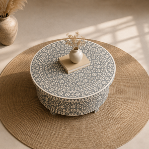 Handmade Modern Resin <b>Coffee</b> <b>Table</b> Round Bone Inlay Geometric Floral Black <b>White</b> Living Room Furniture - Product Image 2
