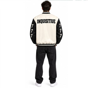 Blouson universitaire homme Inquisitive, crème et noir, manches en cuir PU, imprimé lettre I sérigraphié, style preppy, coupe droite, automne - Product Image 5