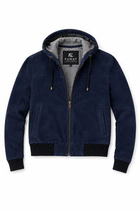 Chaqueta Bomber Azul con Capucha de Gamuza, Chaqueta de Motociclista Transpirable, Cortavientos, con Cierre de Cremallera, Cuello Alto, Color Sólido - Product Image 5