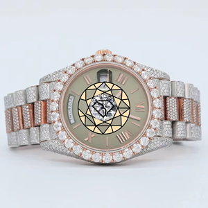 Montre de luxe ronde en acier inoxydable avec diamants, 34 mm, analogique, quartz, chiffres romains, fermoir déployant - Product Image 1