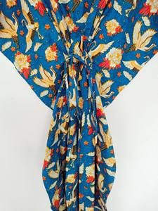 Robe Kaftan Indienne en Coton pour Femme, Imprimé Floral Vintage Jungle, Dentelle, Imprimé Oiseaux Bleus, Longueur Genou, Manches 3/4, Silhouette Trapèze - Product Image 4