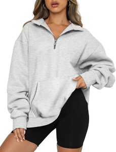 <b>Women</b> Oversized <b>Quarter</b> <b>Zip</b> <b>Sweatshirt</b> Solid Color Full Sleeve Stand Collar Knitted Cotton Blend Breathable Autumn Wear - Product Image 1